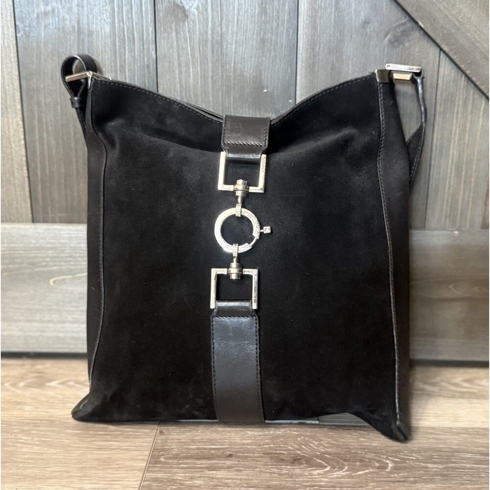 Vintage Gucci Jackie Black Suede Leather Shoulder Hobo Bag Silver Hardware Italy